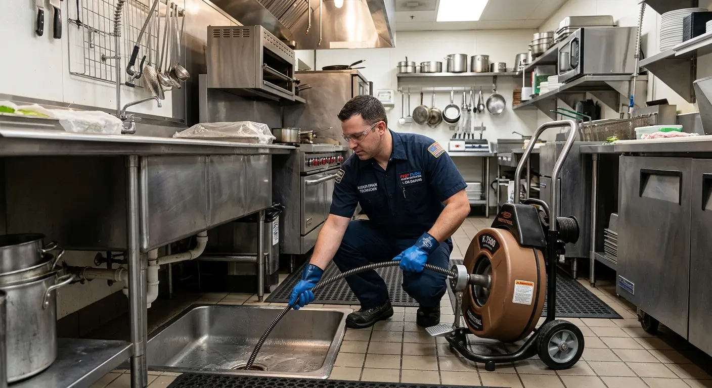 Commercial drain cleaning service in a restaurant kitchen in Delta