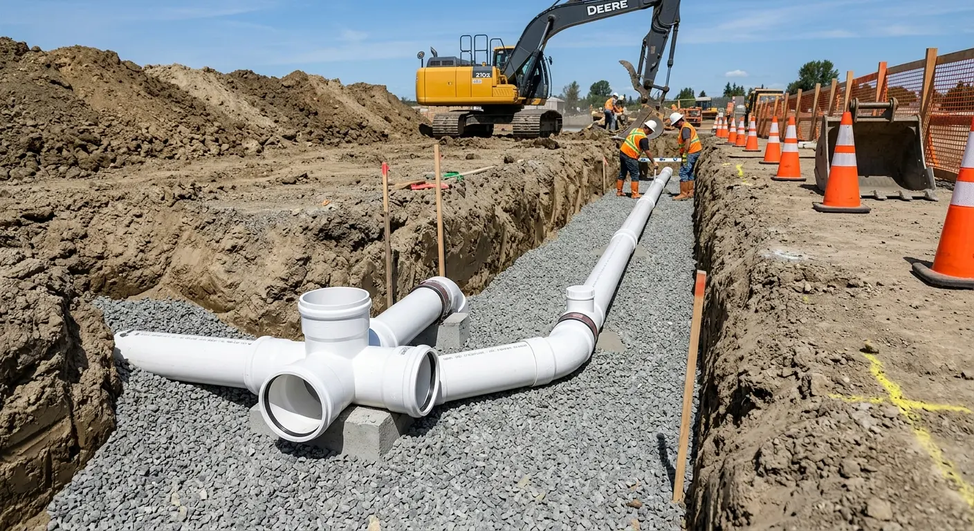 New PVC sewer pipe installation in open trench for Commercial Drain Cleaning in Delta