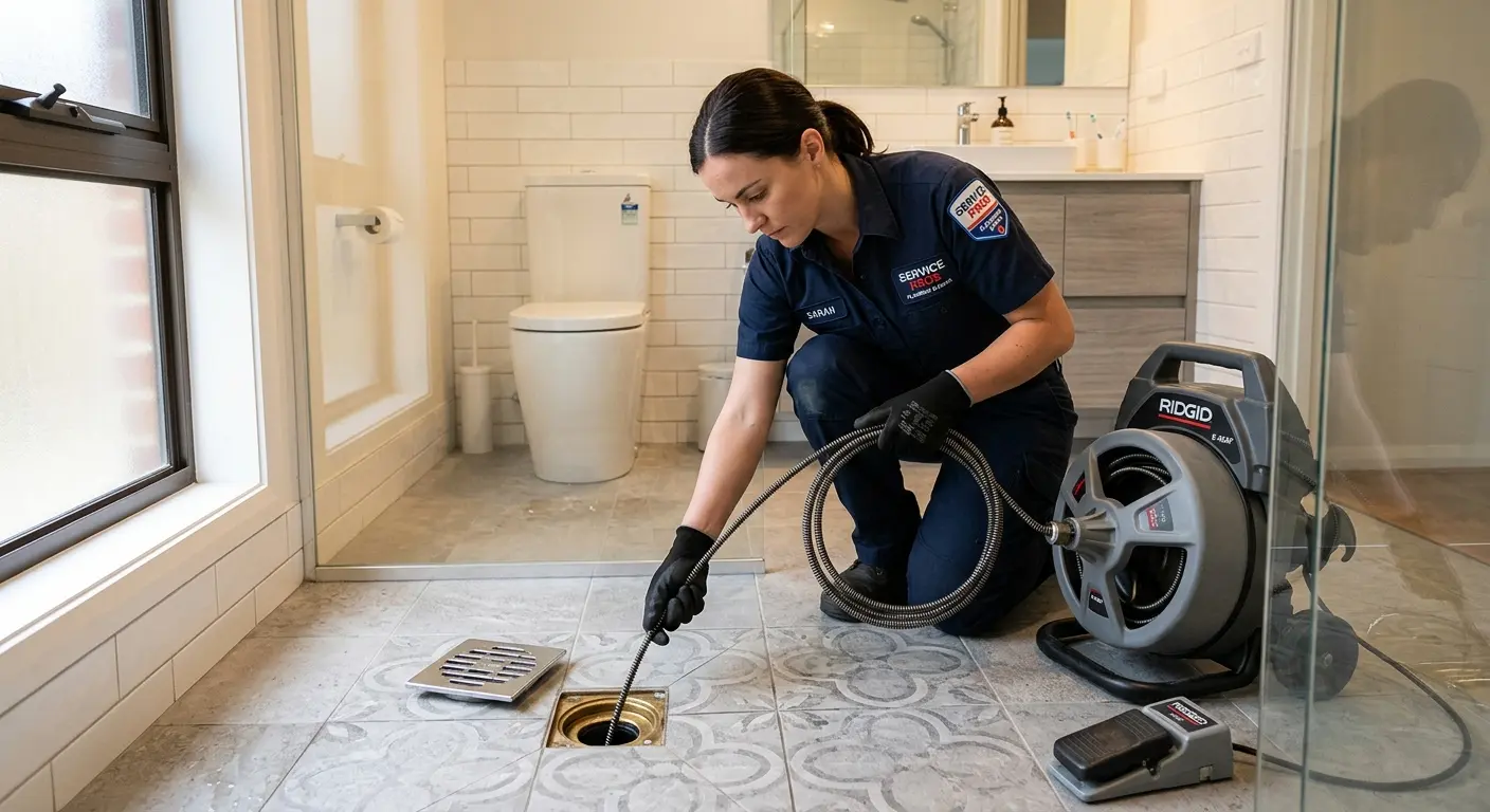 Technician clearing a bathroom floor drain for Clogged Drain Repair in Delta
